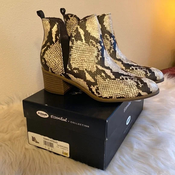Dr.Scholl's Teammate Ankle Boots White Black Leather Snakeskin Print Size 8M NIB - Picture 1 of 8